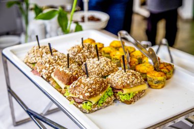 Petrol ve kızarmış uskumru, tartar sosu, bazı Festival olay, parti veya düğün olayı catering, taze salatalık ve buz salata ile mini hamburger ile Mini turta 