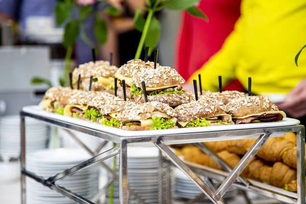 mini burgers with grilled mackerel, tartar sauce, fresh cucumber and ice salad. Close up of mini hamburgers at catering event on some festive event, party or wedding reception