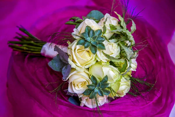 Ramo Rosas Blancas Suculentas Sobre Fondo Rosa — Foto de Stock