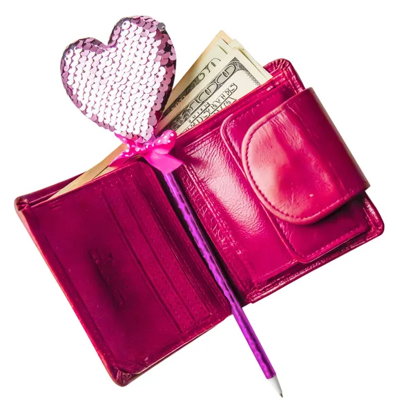 Magical Pink Heart Sequins Lies Several Dollar Notes Isolated White — Stock Photo, Image