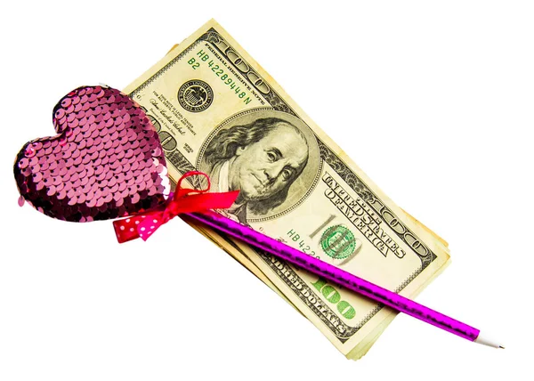 Pink Pen Heart Stick Dollars Isolated — Stock Photo, Image