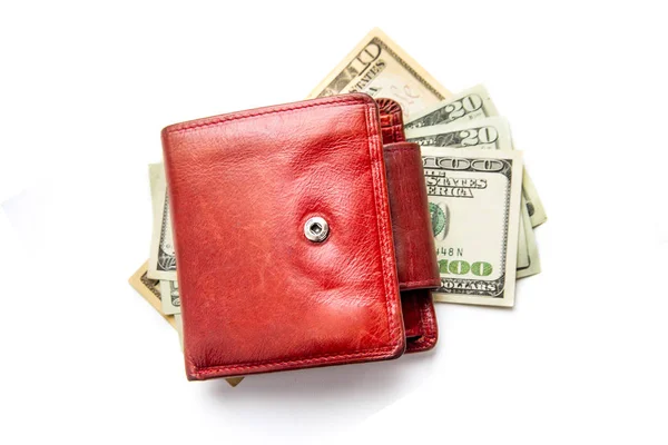 Red Wallet Lies Few Bills Dollars White Background Isolated — Stock Photo, Image