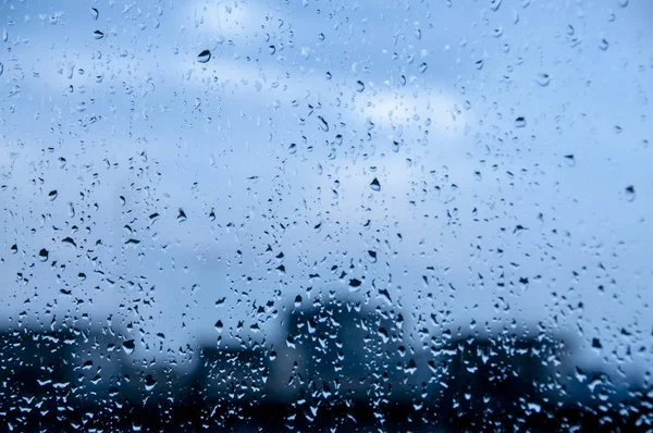 Blaue Textur Regentropfen Auf Fensterglas Für Regen Foto Verschwommener Hintergrund — Stockfoto