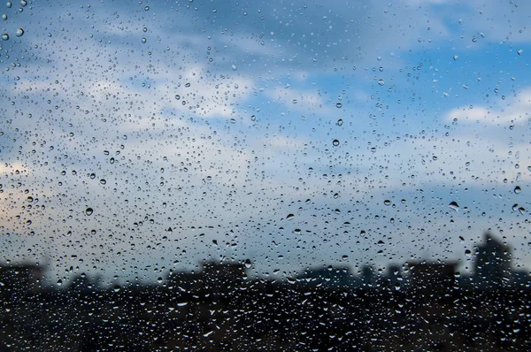 Blå Textur Regndroppar Fönster Glas För Regn Foto Suddig Bakgrund — Stockfoto