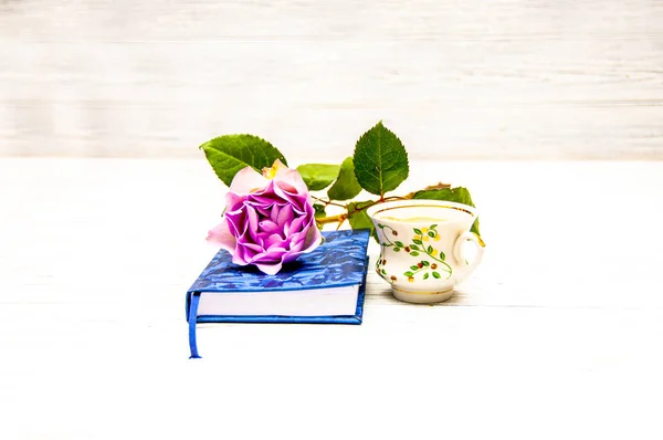 큰 분홍색 장미 데이비드 오스틴은 닫힌 파란색 일기에 누워, 다음 — 스톡 사진
