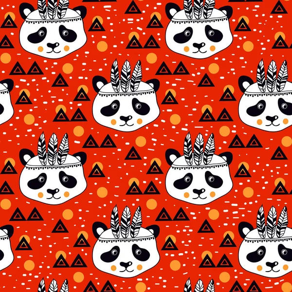Шаблон с забавными пандами и геометрическими орнаментами — стоковый вектор