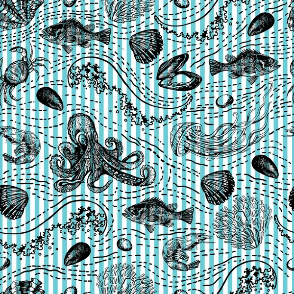 Pola Grafis Dengan Hewan Bawah Air Pada Latar Belakang Bergaris - Stok Vektor