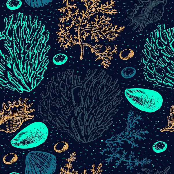 Морской Бесшовный Кораллами Темном Фоне — стоковый вектор