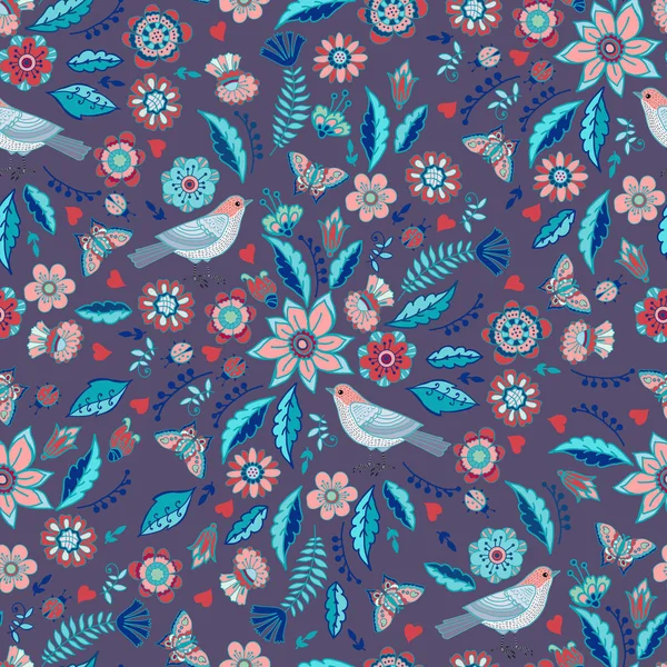 Patrón Decorativo Gráfico Flores Garabato Con Pájaros — Archivo Imágenes Vectoriales