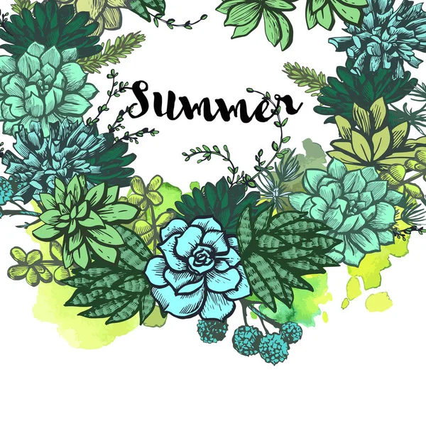 Graphic Card Wreath Succulents Word Summer — Stock Vector