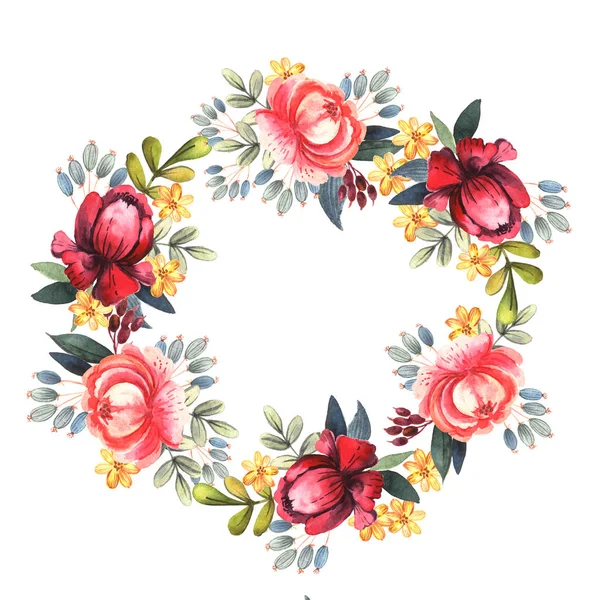 鮮やかな花の水彩画の花輪 — ストック写真