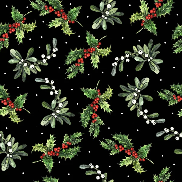 Watercolor Pattern Christmas Plants Snow — Stock Photo, Image