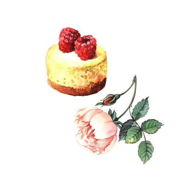 水彩例证与美味的蛋糕装饰由覆盆子在粉红色的玫瑰附近 — 图库照片