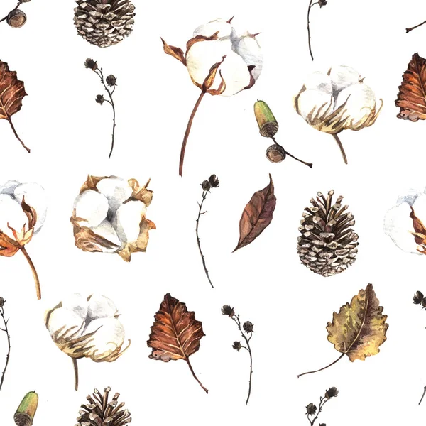 綿の花と葉で水彩の穏やかなパターン — ストック写真