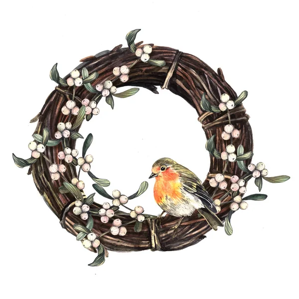 ヤドリギとロビンと冬水彩花輪 — ストック写真