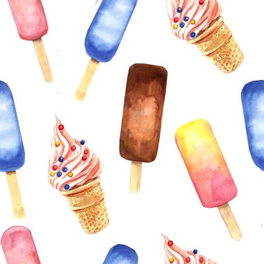 Beyaz arka plan üzerinde izole dondurma ile suluboya dikişsiz desen