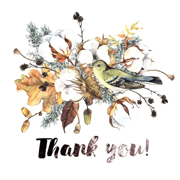 Gentle Watercolor Composition Winter Plants Bird Text Thank You Isolated — Stock Photo, Image