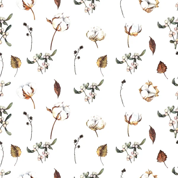 Зимовий Акварельний Квітковий Безшовний Декоративний Візерунок Бавовняними Квітами Листям — стокове фото