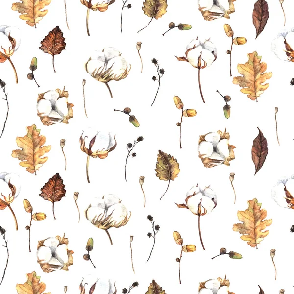 Winter Aquarel Bloemen Naadloze Decoratieve Patroon Met Katoen Bloemen Bladeren — Stockfoto