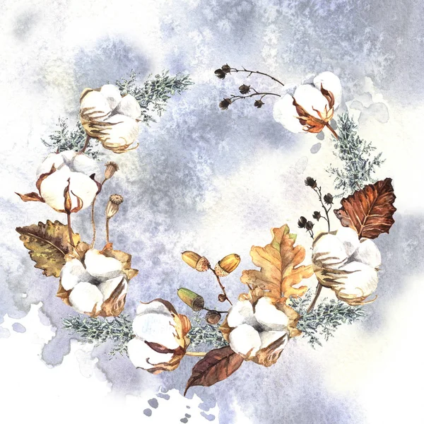 白い背景に隔離された冬の植物と水彩花輪 — ストック写真