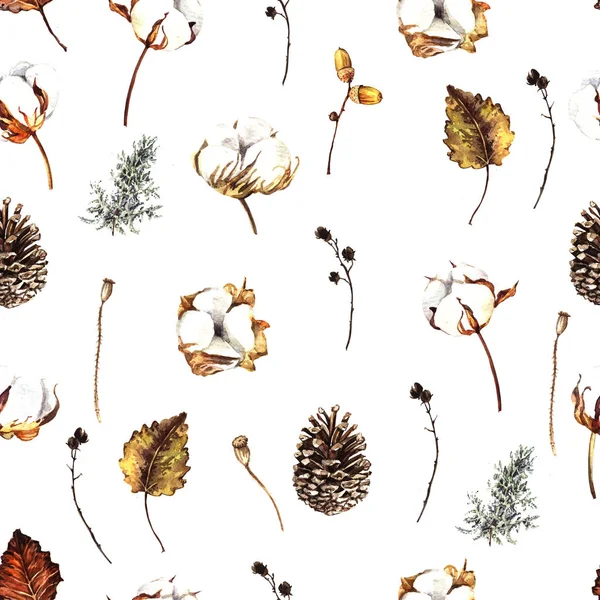 綿の花や葉と冬の水彩花シームレスな装飾パターン — ストック写真