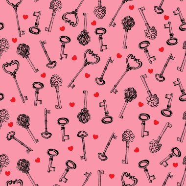 Anahtarlar ve kalpler ile Vintage desen. El çizimi. Çeşitli yüzeyleri süslemek için dikişsiz desen