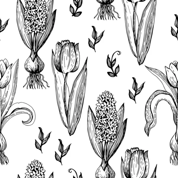 Grafikmuster Mit Frühlingsblumen Handzeichnung Endlose Ornamente Für Eine Vielzahl Von — Stockvektor