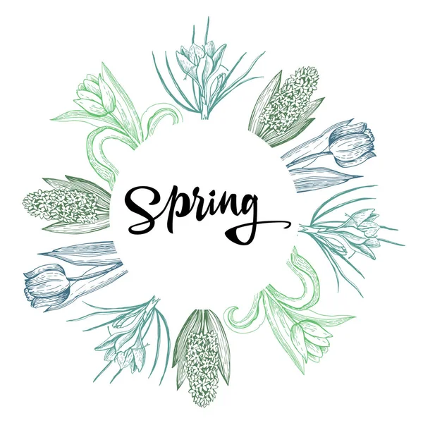 Druckgrafik Mit Frühlingsblumen Handzeichnung Gesetzt Rahmen Tulpen Krokusse Hyazinthen Oldtimer — Stockvektor