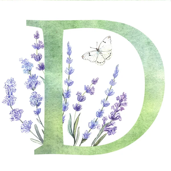 Acquerello Lavanda Lettera Isolata Sfondo Bianco — Foto Stock