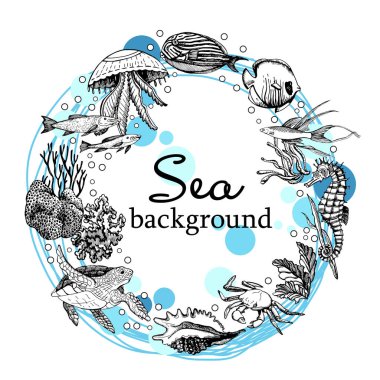 Deniz görüntülerinin grafik arka planı, vektör çizimi