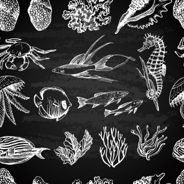 Kara tahtadaki deniz görüntülerinin grafik deseni, vektör çizimi
