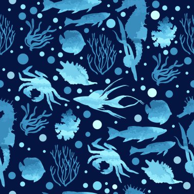 Deniz görüntülerinin grafik dekoratif deseni, vektör illüstrasyon