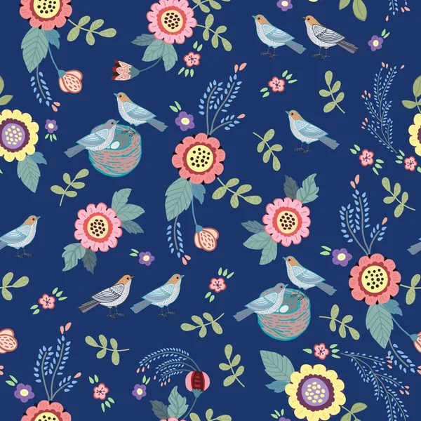 鳥や花とシームレスなヴィンテージグラフィック ベクトルイラスト — ストックベクタ