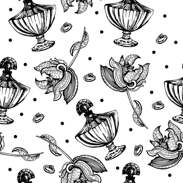 Vintage Muster Mit Parfümflaschen Und Blumen Vektor Illustration — Stockvektor