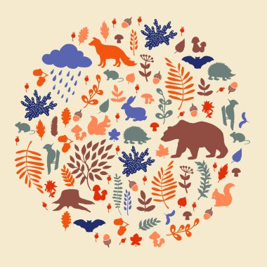 Renkli orman sonbahar şablonu. Vektör çizimi. Manüel grafikler. Orman bitkileri, yapraklar, hayvanlar. Çeşitli yüzeyleri dekore etmek için uygun. Renksiz.