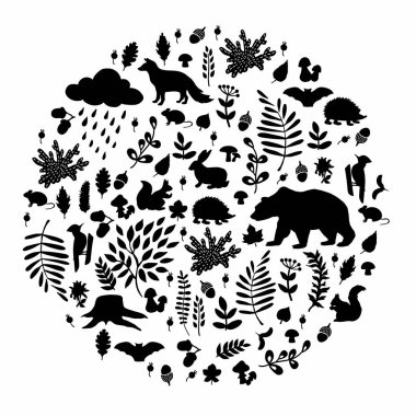 Grafik ormanı sonbahar çizimi. Vektör çizimi. Manüel grafikler. Orman bitkileri, yapraklar, hayvanlar. Kartlar, davetiyeler ve diğer tasarım projeleri için ideal.