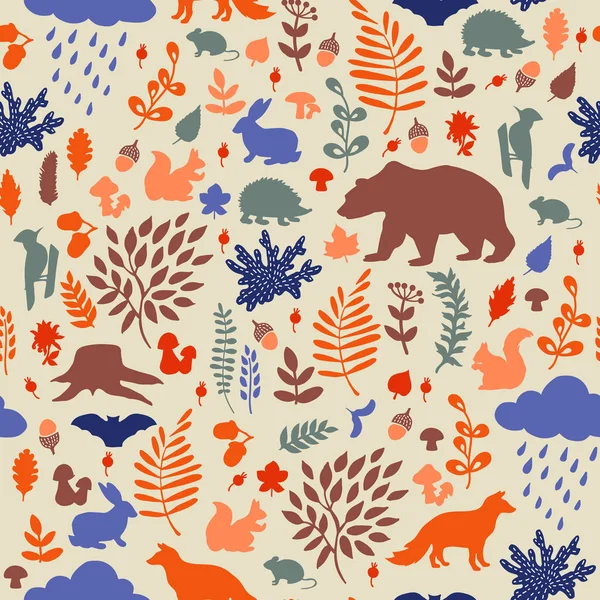 Цветной Лесной Осенний Узор Векторная Иллюстрация Ручная Графика Лесные Растения — стоковый вектор