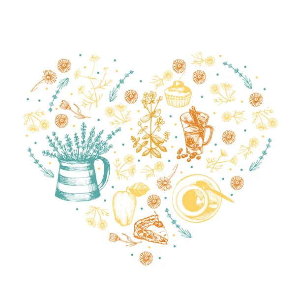 Coeurs Colorés Graphiques Avec Tisane Herbes — Image vectorielle