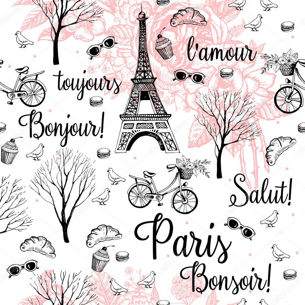Paris city romance graphic pattern with french words