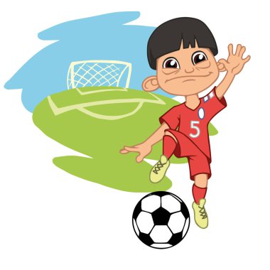 Bir çizgi film futbol oyuncu top bir stadyumda Tekdüzen Kore oynuyor. Vektör çizim