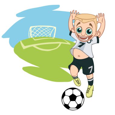 Bir çizgi film futbolcu bir stadyumda Tekdüzen Almanya'da top oynuyor. Vektör çizim