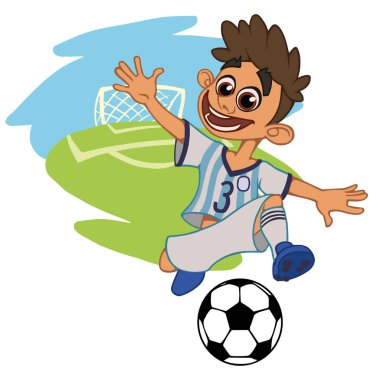 Bir çizgi film futbolcu bir stadyumda uniform Arjantin top oynuyor. Vektör çizim