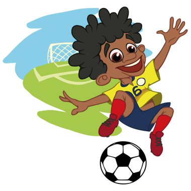Bir çizgi film futbol oyuncu top bir stadyumda Tekdüzen Kolombiya oynuyor. Vektör çizim