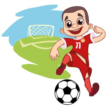 Bir çizgi film futbolcu bir stadyum Tekdüzen Rusya top oynuyor. Vektör çizim
