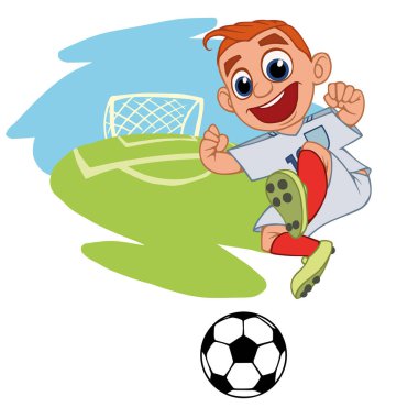 Bir çizgi film futbol oyuncu top bir stadyumda Tekdüzen İngiltere'de oynuyor. Vektör çizim