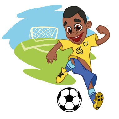 Bir çizgi film futbolcu bir stadyumda Tekdüzen Brezilya top oynuyor. Vektör çizim