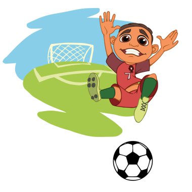 Bir çizgi film futbolcu bir stadyumda Tekdüzen Portekiz top oynuyor. Vektör çizim