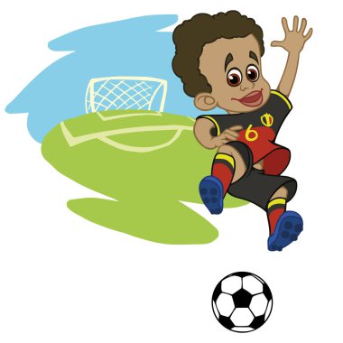 Bir çizgi film futbolcu bir stadyumda Tekdüzen Belçika top oynuyor. Vektör çizim