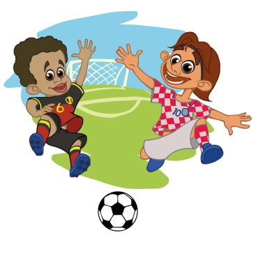 Çizgi film futbolcular top Stadı'nda oynamak. Vektör çizim