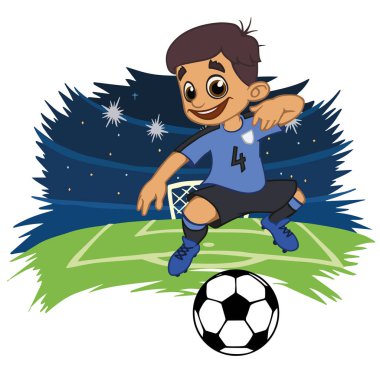 Bir çizgi film futbol oyuncu top bir stadyumda Tekdüzen Uruguay oynuyor. Vektör çizim